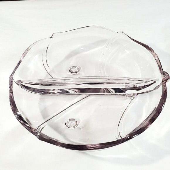 Lilac Pink Glass Round Leaf Divided Relish Dish Candy Bowl scalloped footed 6.5" - Picture 5 of 11